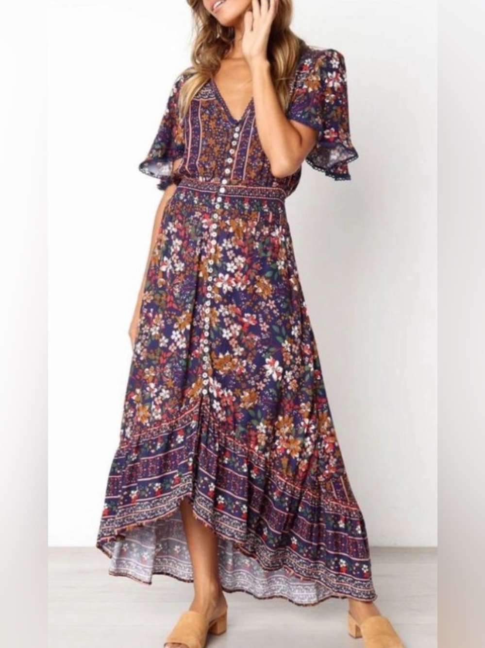 Label of love, whimsy Boho Euro, Summer Floral Maxi Dress in Navy medium
